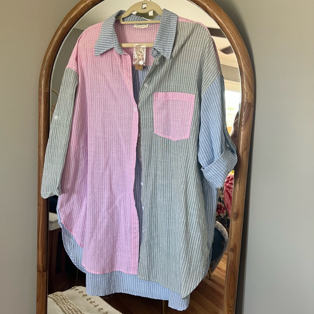 Oversized patchwork striped button down coverup
